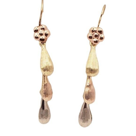 Real 14K Yellow, Rose & White Gold Hollow 3 Teardrops Hanging Earring womens